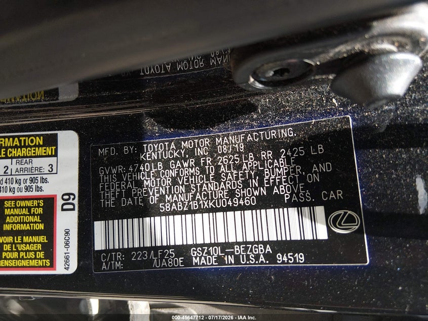 2019 Lexus Es 350 F Sport VIN: 58ABZ1B1XKU049460 Lot: 45647712