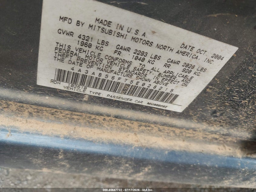 2005 Mitsubishi Galant Es/Se VIN: 4A3AB56F75E028215 Lot: 45647722