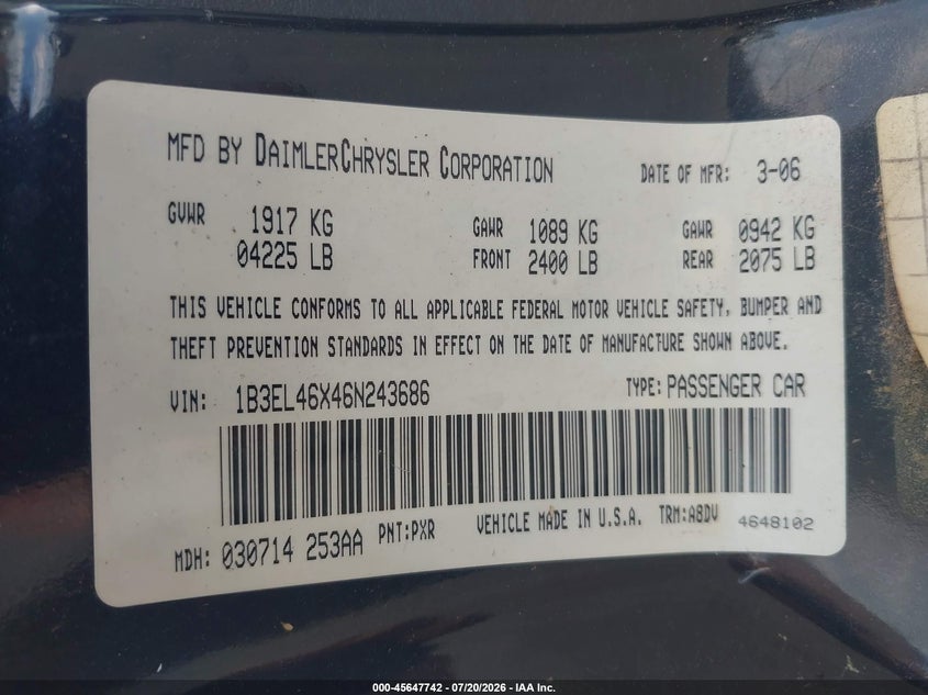2006 Dodge Stratus Sxt VIN: 1B3EL46X46N243656 Lot: 45647742