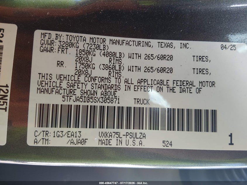 2025 Toyota Tundra Limited VIN: 5TFJA5DB5SX305871 Lot: 45647747