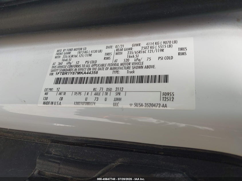 2021 Ford Transit-250 VIN: 1FTBR1Y87MKA44358 Lot: 45647748