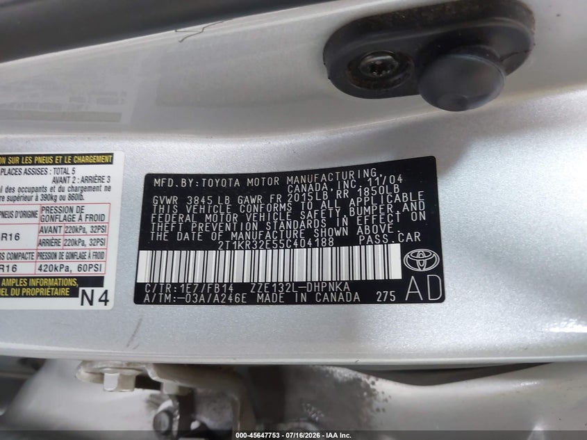 2005 Toyota Matrix Xr VIN: 2T1KR32E55C404188 Lot: 45647753