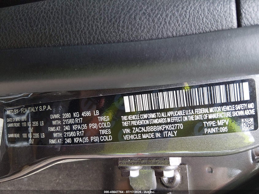 2019 Jeep Renegade Altitude 4X4 VIN: ZACNJBBB9KPK62770 Lot: 45647764