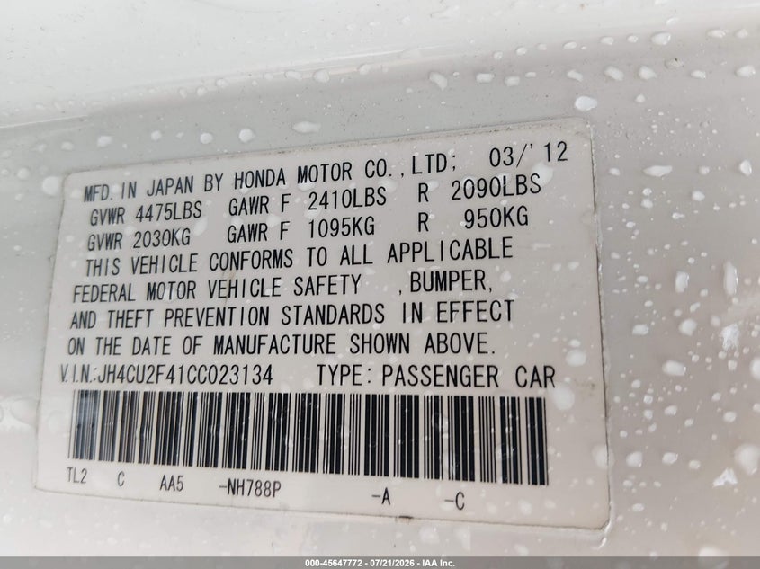 2012 Acura Tsx 2.4 VIN: JH4CU2F41CC023134 Lot: 45647772