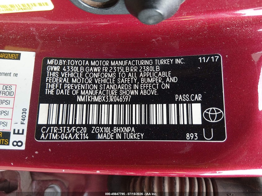 2018 Toyota C-Hr Xle VIN: NMTKHMBX3JR046597 Lot: 45647795