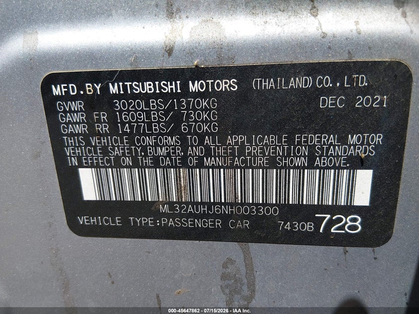 2022 Mitsubishi Mirage Es/Le VIN: ML32AUHJ6NH003300 Lot: 45647862