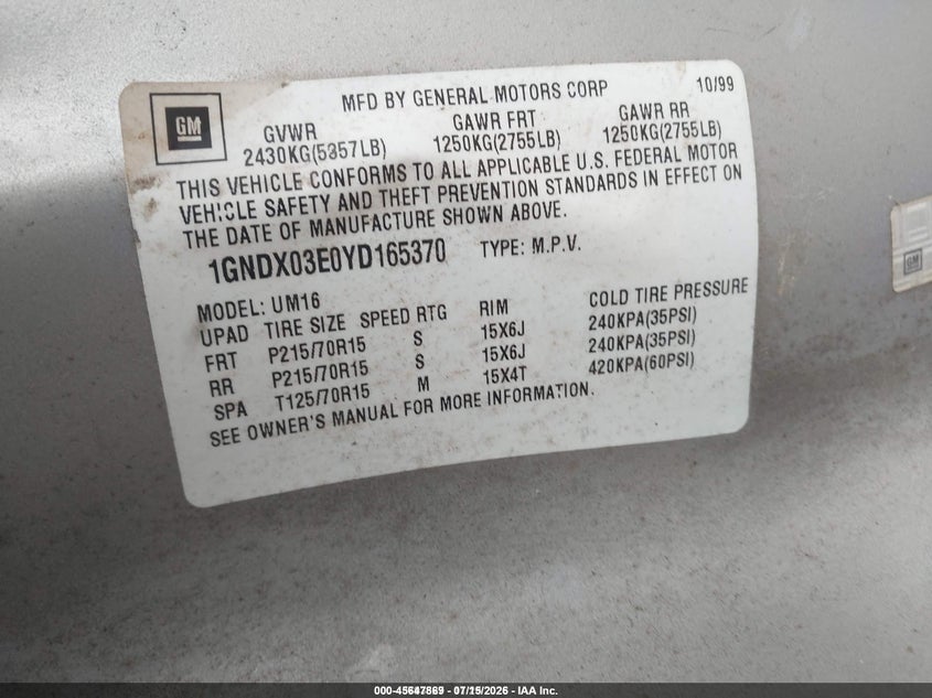 2000 Chevrolet Venture Ls VIN: 1GNDX03E0YD165370 Lot: 45647869