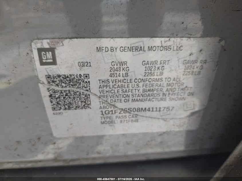 2021 Chevrolet Bolt Ev Fwd Premier VIN: 1G1FZ6S08M4111757 Lot: 45647881