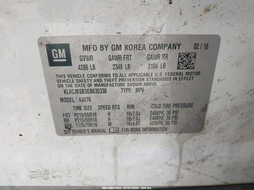 2016 Buick Encore Convenience VIN: KL4CJBSB3GB635338 Lot: 45647882