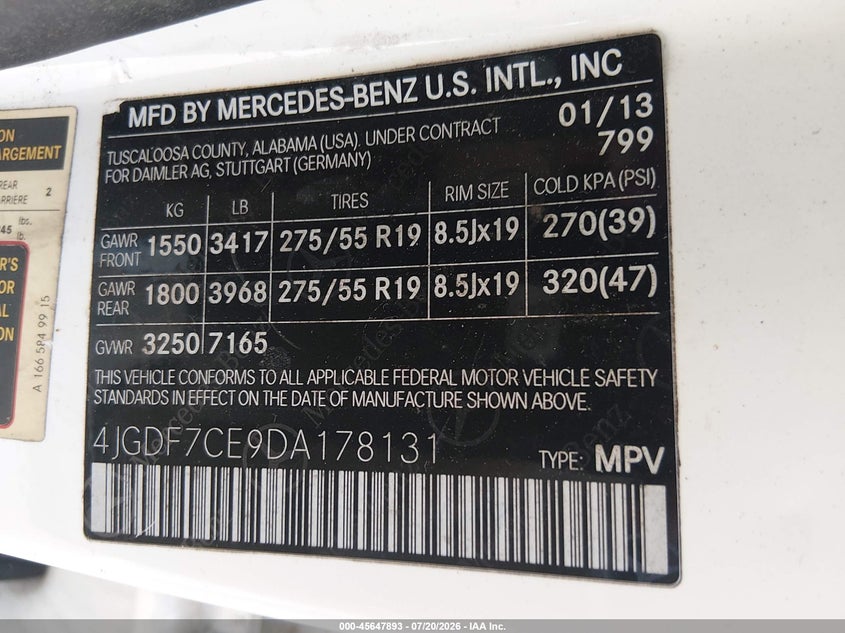 2013 Mercedes-Benz Gl 450 4Matic VIN: 4JGDF7CE9DA178131 Lot: 45647893