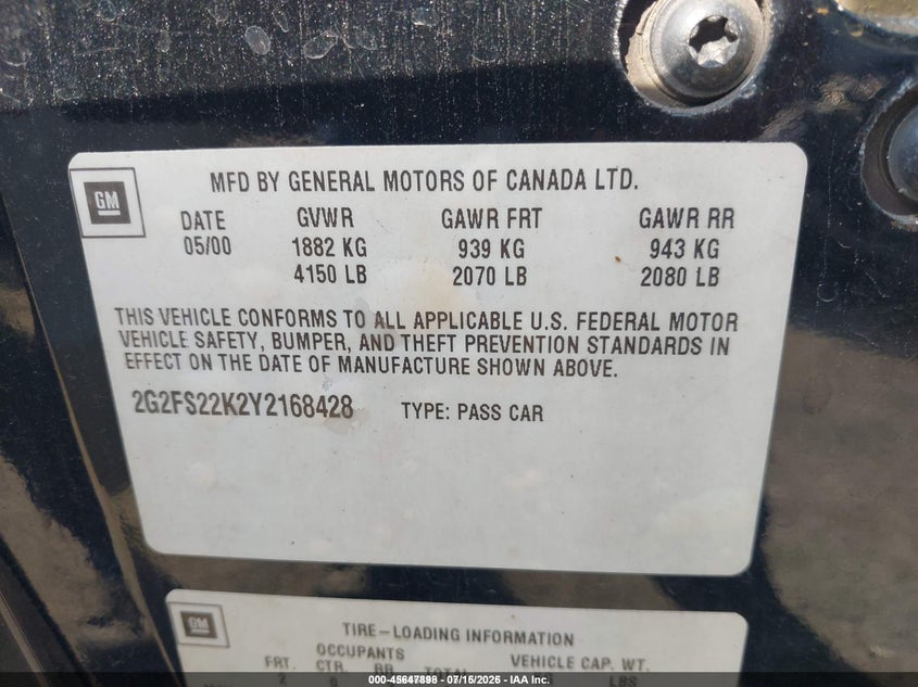 2000 Pontiac Firebird VIN: 2G2FS22K2Y2168428 Lot: 45647898