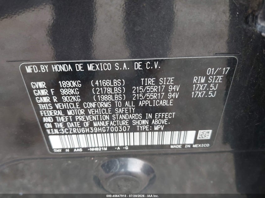 2017 Honda Hr-V Lx VIN: 3CZRU6H39HG700307 Lot: 45647918
