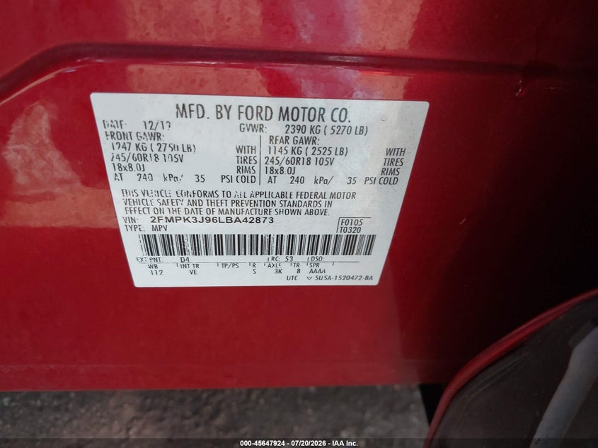 2020 Ford Edge Sel VIN: 2FMPK3J96LBA42873 Lot: 45647924