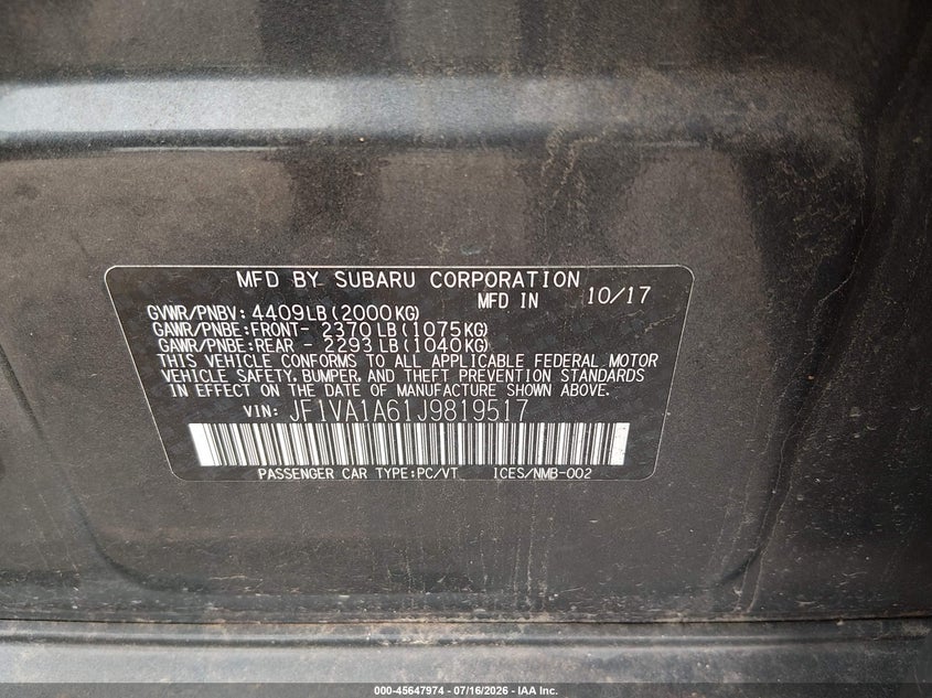 2018 Subaru Wrx VIN: JF1VA1A61J9819517 Lot: 45647974