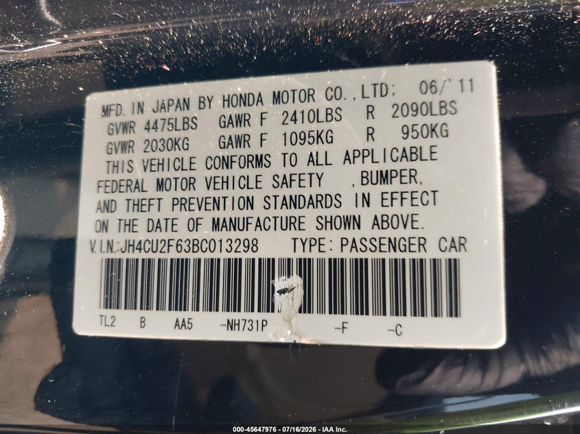 2011 Acura Tsx 2.4 VIN: JH4CU2F63BC013298 Lot: 45647976