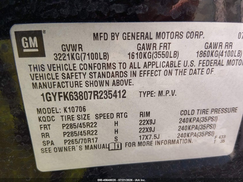 2007 Cadillac Escalade VIN: 1GYFK63807R235412 Lot: 45648028