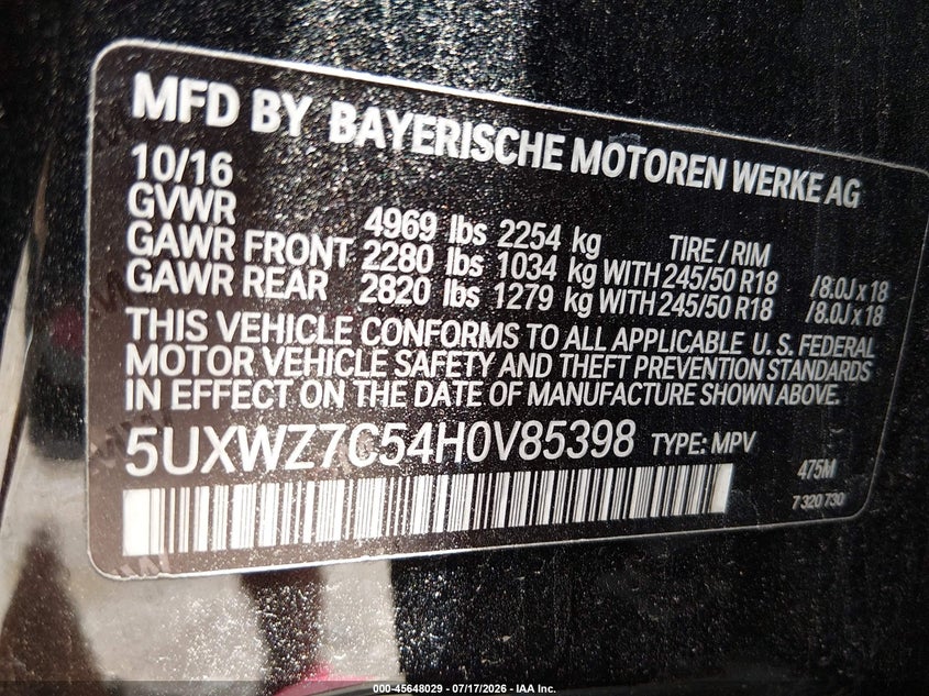 2017 BMW X3 Sdrive28I VIN: 5UXWZ7C54H0V85398 Lot: 45648029