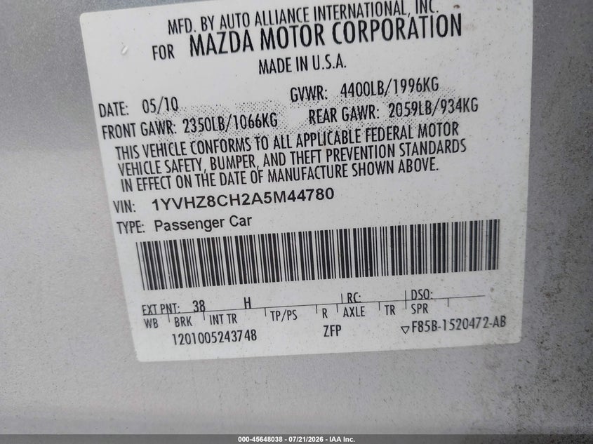 2010 Mazda Mazda6 I Touring VIN: 1YVHZ8CH2A5M44780 Lot: 45648038