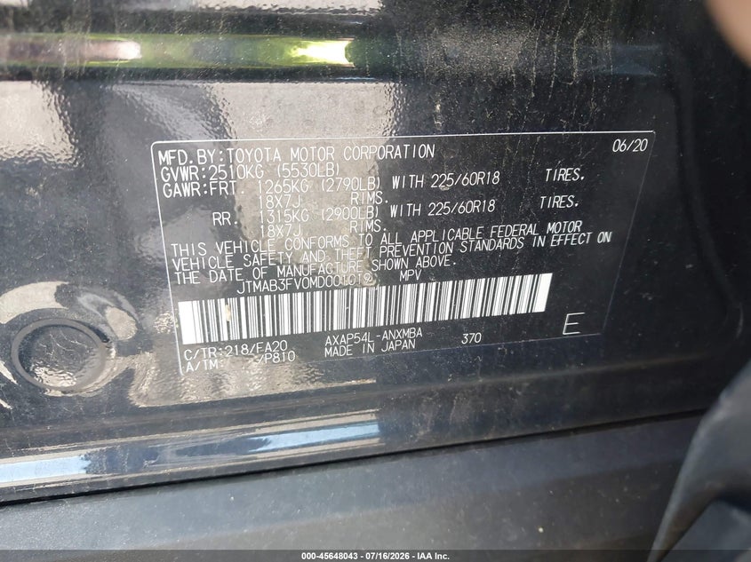 TOYOTA RAV4 PRIME 2021 VIN JTMAB3FV0MD001019