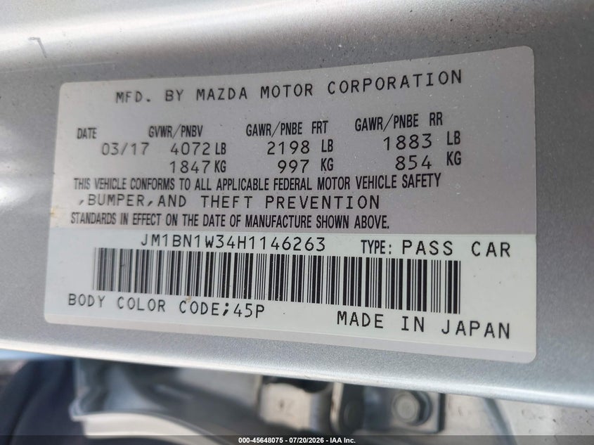 2017 Mazda Mazda3 Grand Touring VIN: JM1BN1W34H1146263 Lot: 45648075