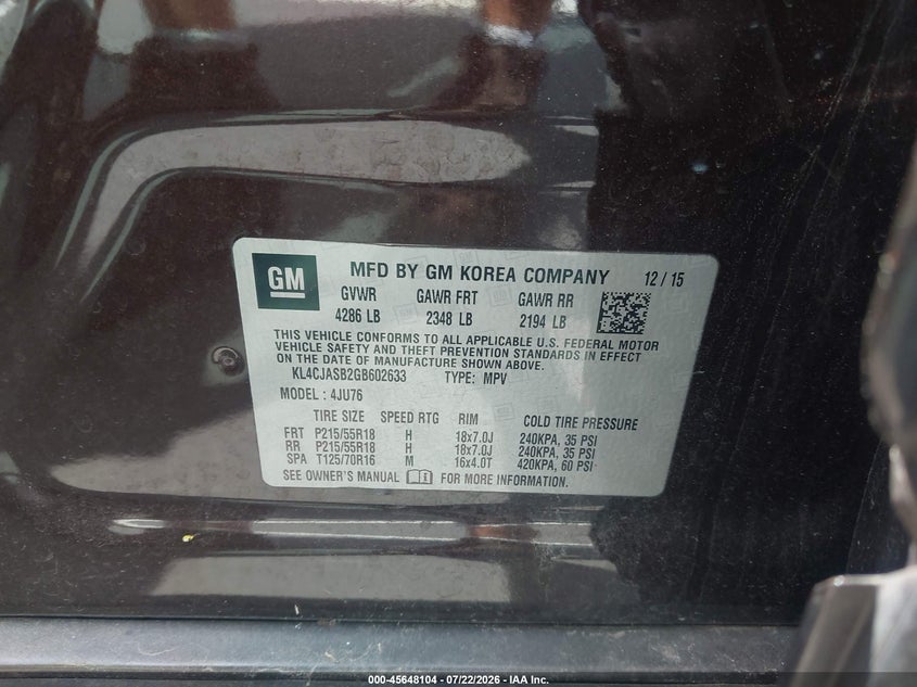 BUICK ENCORE 2016 VIN KL4CJASB2GB602633