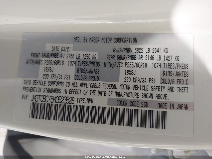 2021 Mazda Cx-9 Touring VIN: JM3TCBCY5M0523528 Lot: 45648106
