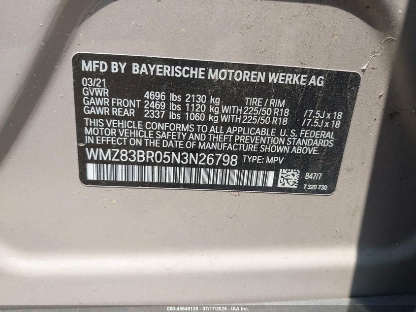 2022 Mini Countryman Cooper S VIN: WMZ83BR05N3N26798 Lot: 45648135
