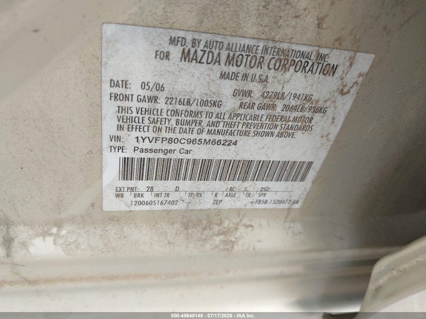 2006 Mazda Mazda6 I VIN: 1YVFP80C965M66224 Lot: 45648148