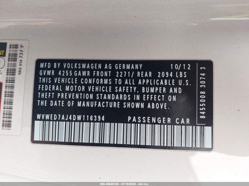2013 Volkswagen Gti 2-Door VIN: WVWED7AJ4DW116394 Lot: 45648180