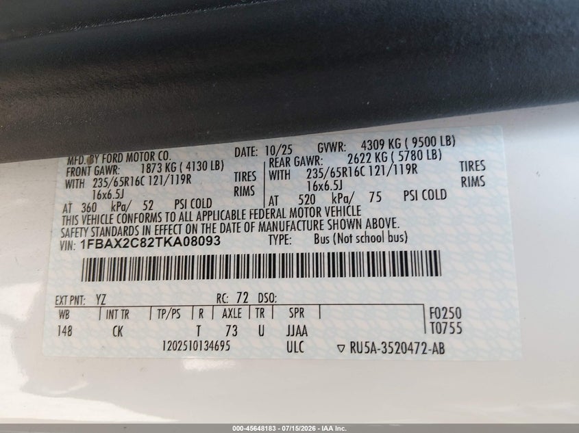 2026 Ford Transit-350 Passenger Van Xlt VIN: 1FBAX2C82TKA08093 Lot: 45648183