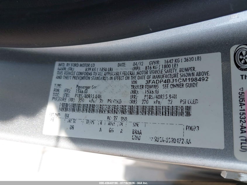2012 Ford Fiesta Se VIN: 3FADP4BJ1CM198492 Lot: 45648196