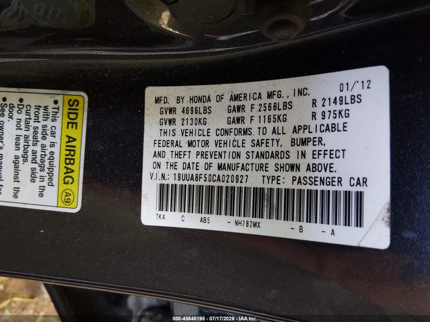 2012 Acura Tl 3.5 VIN: 19UUA8F50CA020927 Lot: 45648198