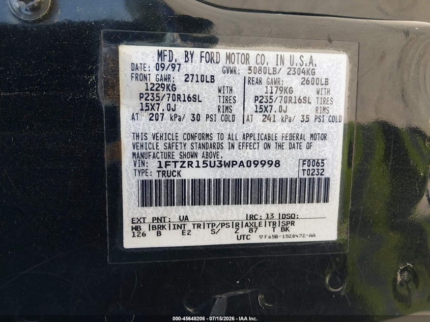 1998 Ford Ranger Splash/Xl/Xlt VIN: 1FTZR15U3WPA09998 Lot: 45648206