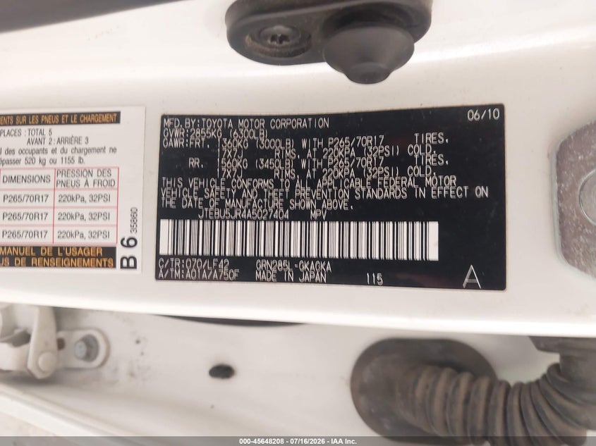 2010 Toyota 4Runner Sr5 V6 VIN: JTEBU5JR4A5027404 Lot: 45648208