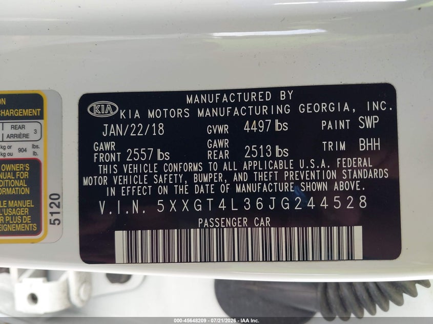 2018 Kia Optima Lx VIN: 5XXGT4L36JG244528 Lot: 45648209