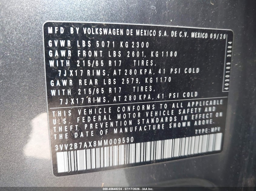 2021 Volkswagen Tiguan 2.0T Se/2.0T Se R-Line Black/2.0T Sel VIN: 3VV2B7AX8MM009590 Lot: 45648224