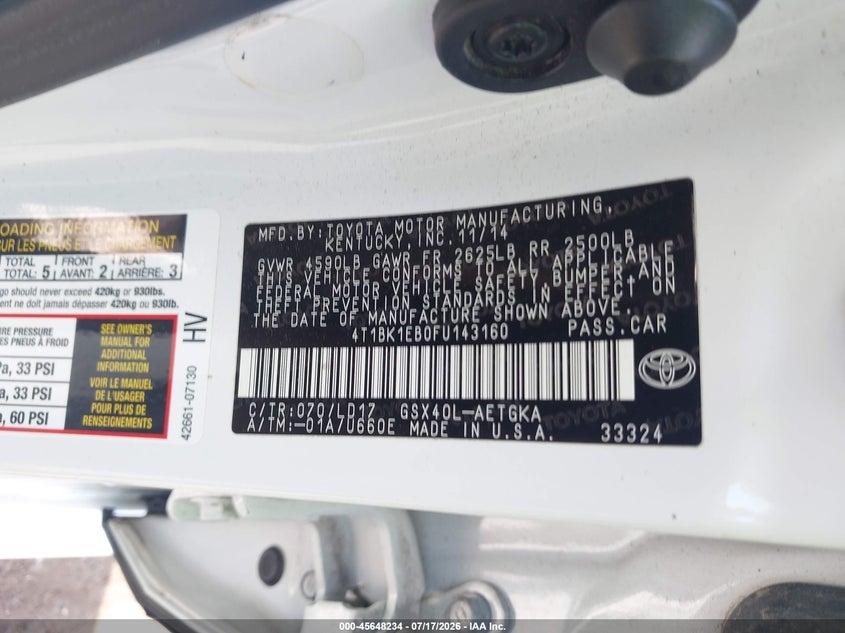 2015 Toyota Avalon Xle VIN: 4T1BK1EB0FU143160 Lot: 45648234