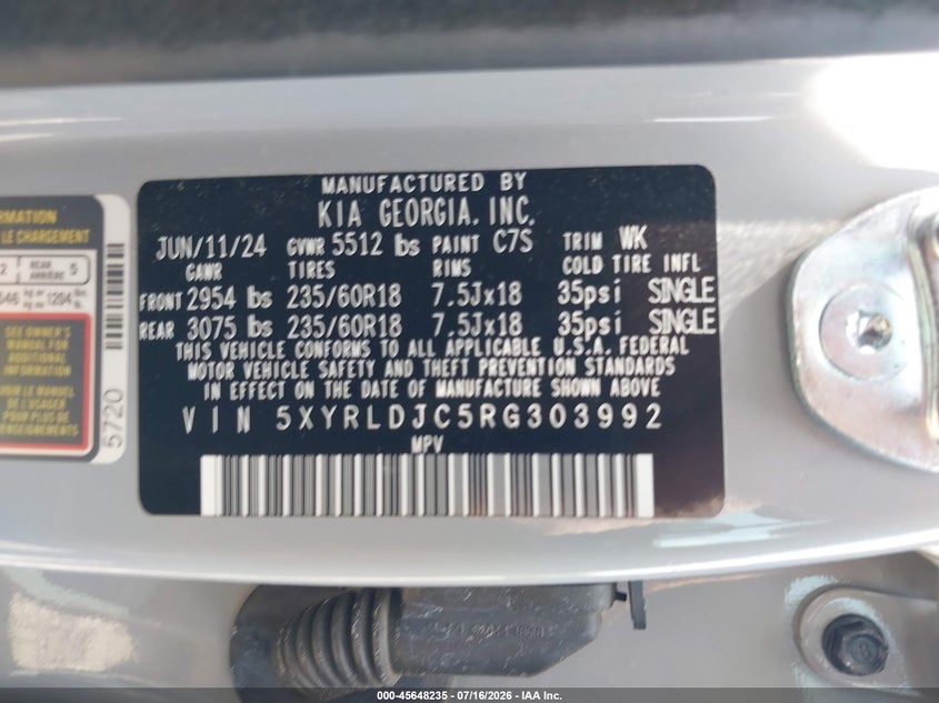 KIA SORENTO 2024 VIN 5XYRLDJC5RG303992