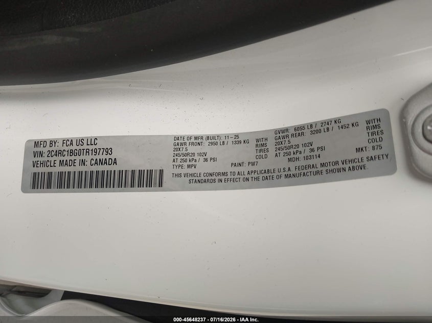 2026 Chrysler Pacifica Select VIN: 2C4RC1BG0TR197793 Lot: 45648237