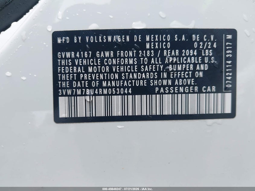 2024 Volkswagen Jetta 1.5T Se VIN: 3VW7M7BU4RM053044 Lot: 45648247
