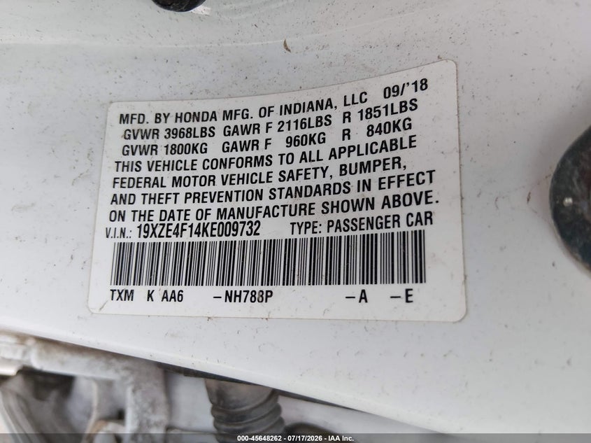 2019 Honda Insight Lx VIN: 19XZE4F14KE009732 Lot: 45648262