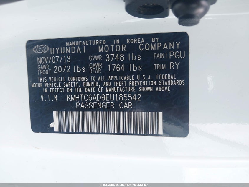 2014 Hyundai Veloster Base W/Gray VIN: KMHTC6AD9EU185542 Lot: 45648265