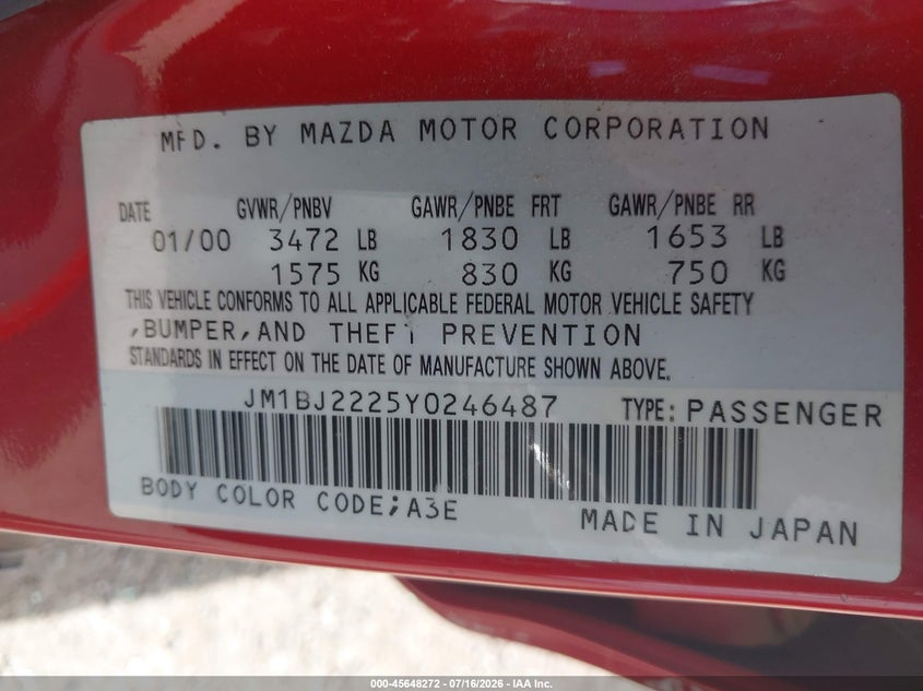 2000 Mazda Protege Dx/Lx VIN: JM1BJ2225Y0246487 Lot: 45648272