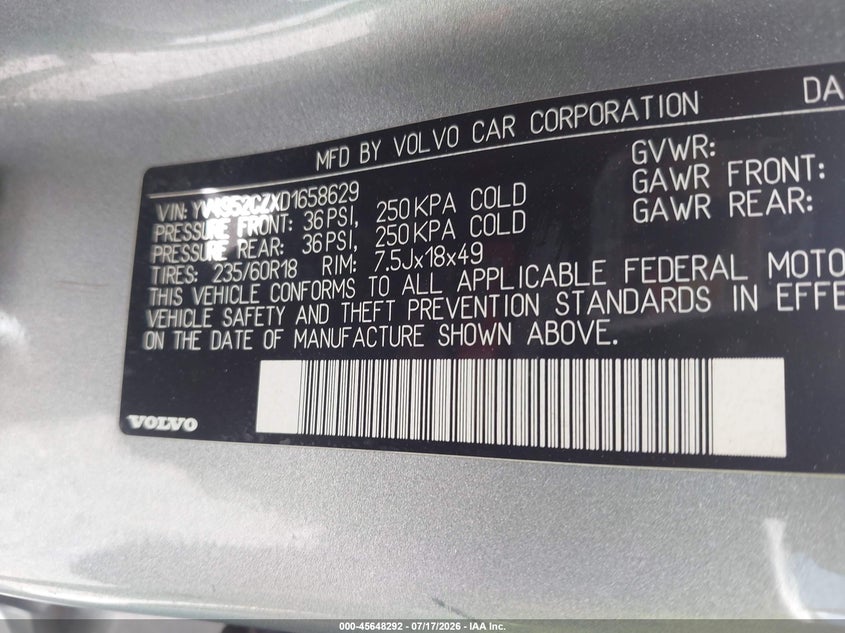 2013 Volvo Xc90 3.2 Platinum VIN: YV4952CZXD1658629 Lot: 45648292