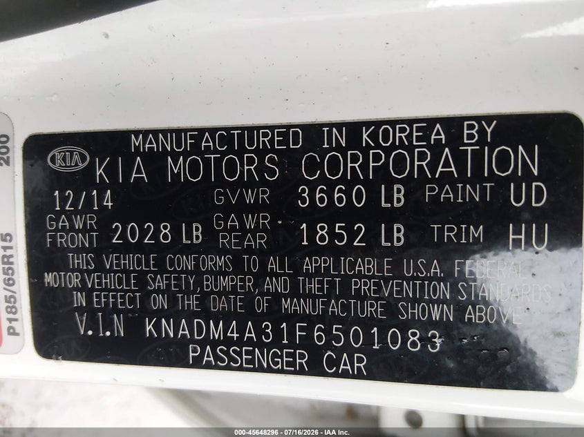 2015 Kia Rio Lx VIN: KNADM4A31F6501083 Lot: 45648296