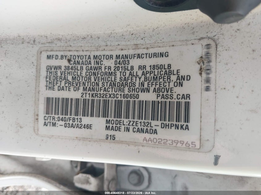 2003 Toyota Matrix Xr VIN: 2T1KR32EX3C160650 Lot: 45648318