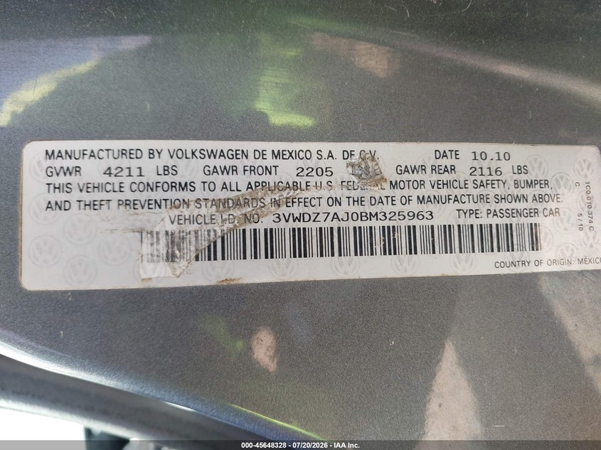 VOLKSWAGEN JETTA 2011 VIN 3VWDZ7AJ0BM325963