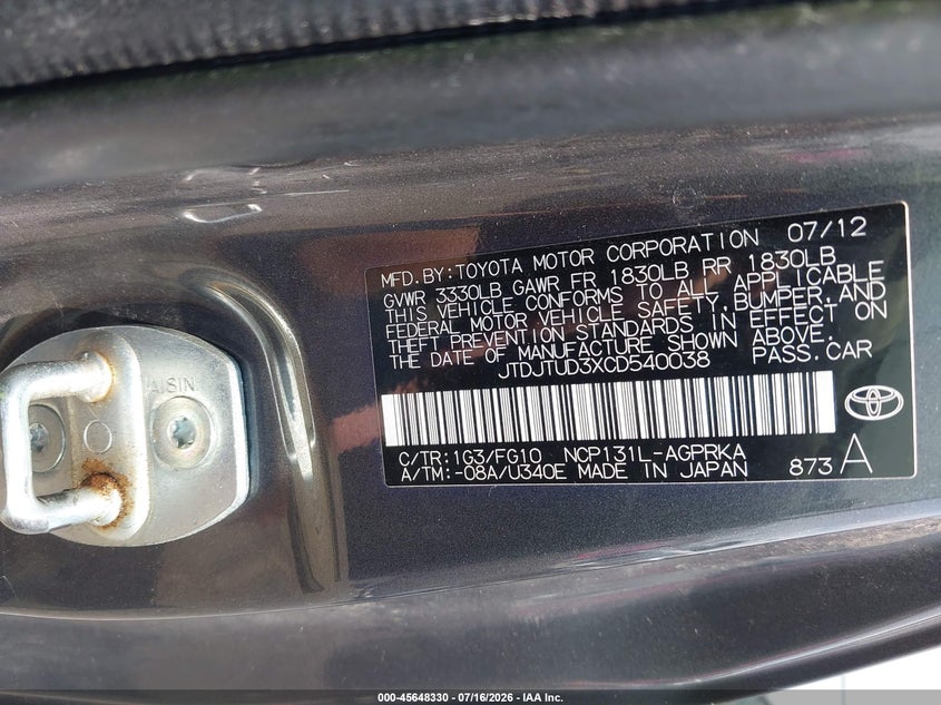 2012 Toyota Yaris Le VIN: JTDJTUD3XCD540038 Lot: 45648330