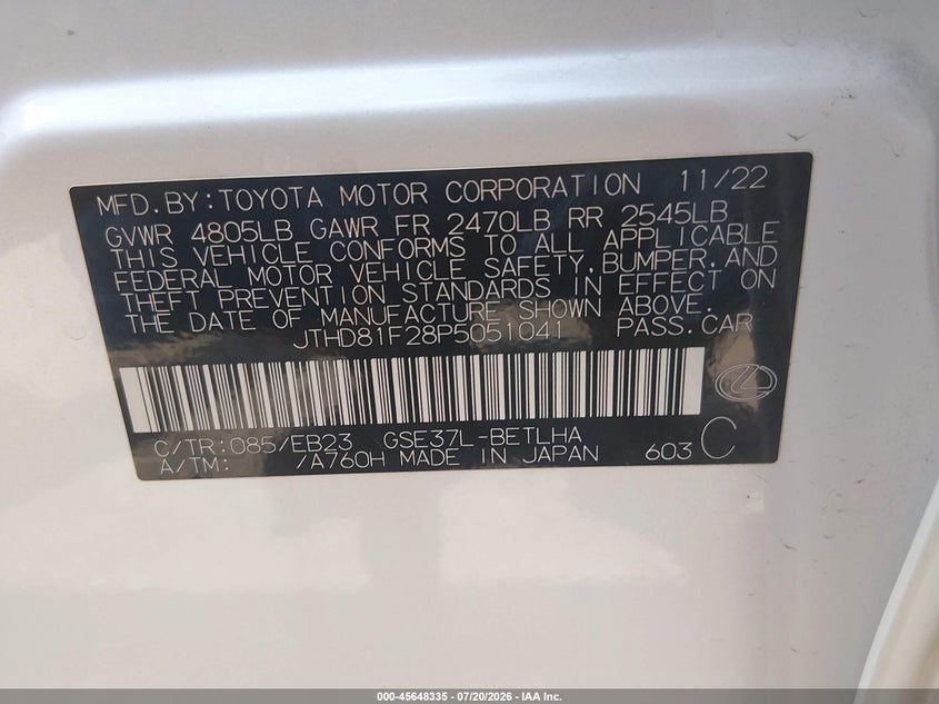2023 Lexus Is 300 VIN: JTHD81F28P5051041 Lot: 45648335