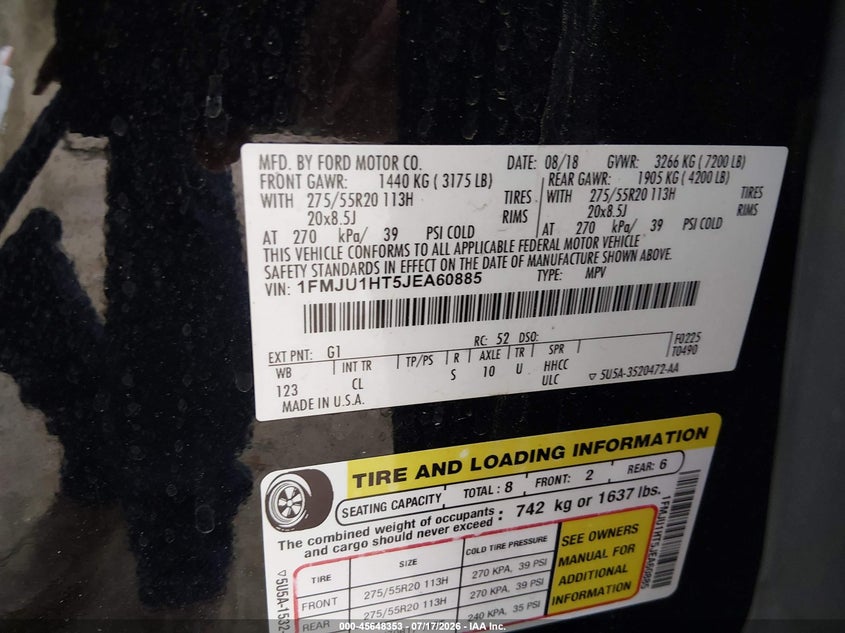 2018 Ford Expedition Xlt VIN: 1FMJU1HT5JEA60885 Lot: 45648353